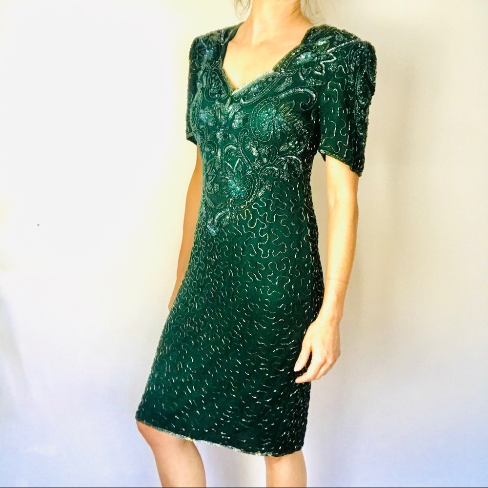 VINTAGE SCALA emerald silk beaded dress - Picture 3 of 8